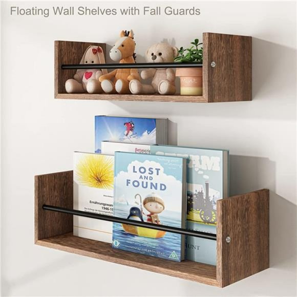 4 Set Floating Wall Shelves, Nursery Book Shelf with Metal Rail - Picture 4 of 7